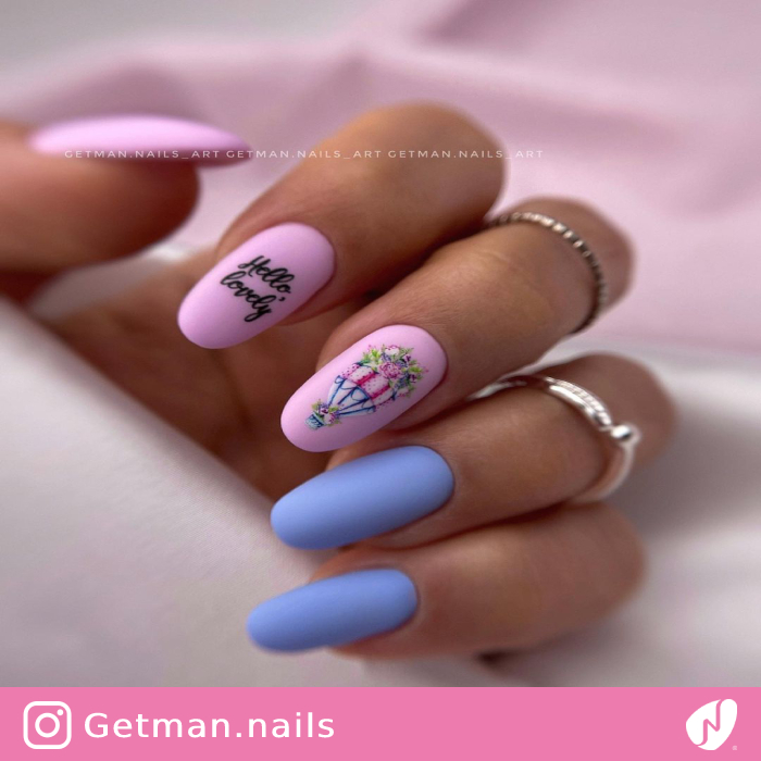 Pink and Blue Nails with a Balloon